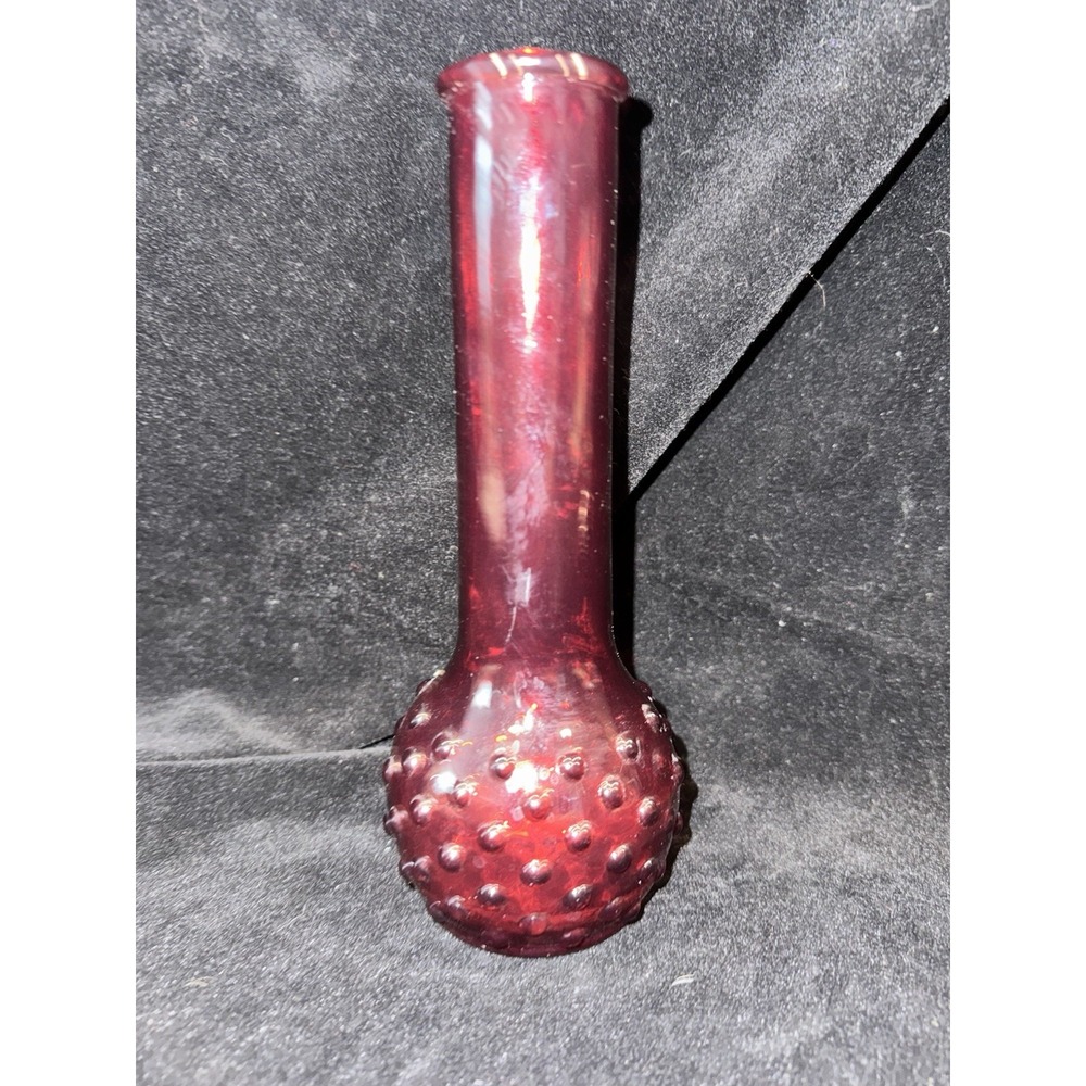 RUBY RED GLASS BUD VASE Cranberry 8.5" H bulb base hobnail Bouquet Vintage